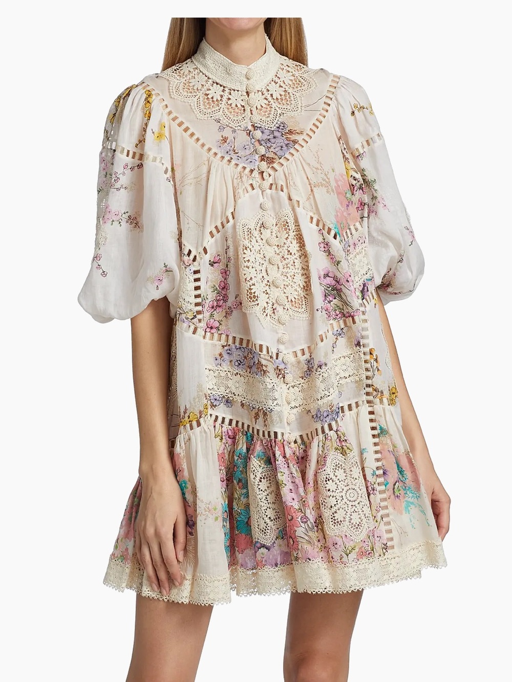 Zimmermann Cream Floral Lace-Trim Mini Dress